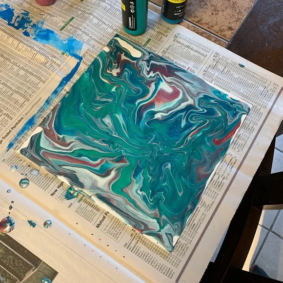 Metallic Wine, Teal, Blue, Silver and White Paint Pour - 8”x8” canvas board - Picture 7 of 8